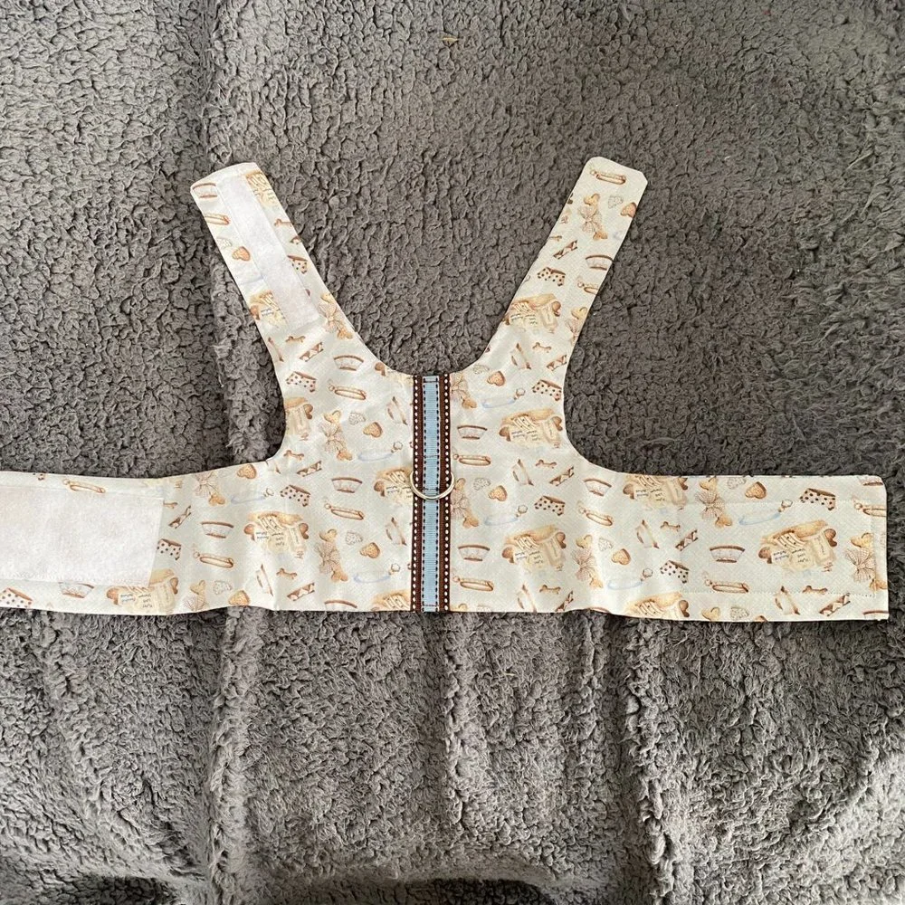 NEW- Dog HARNESS in LIGHT BLUE W- BROWN dog items in print- handmade